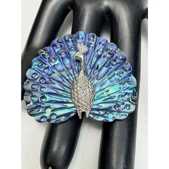 Vintage Peacock Brooch Abalone Shell Silver Tone Rhinestone Statement - Picture 5 of 5